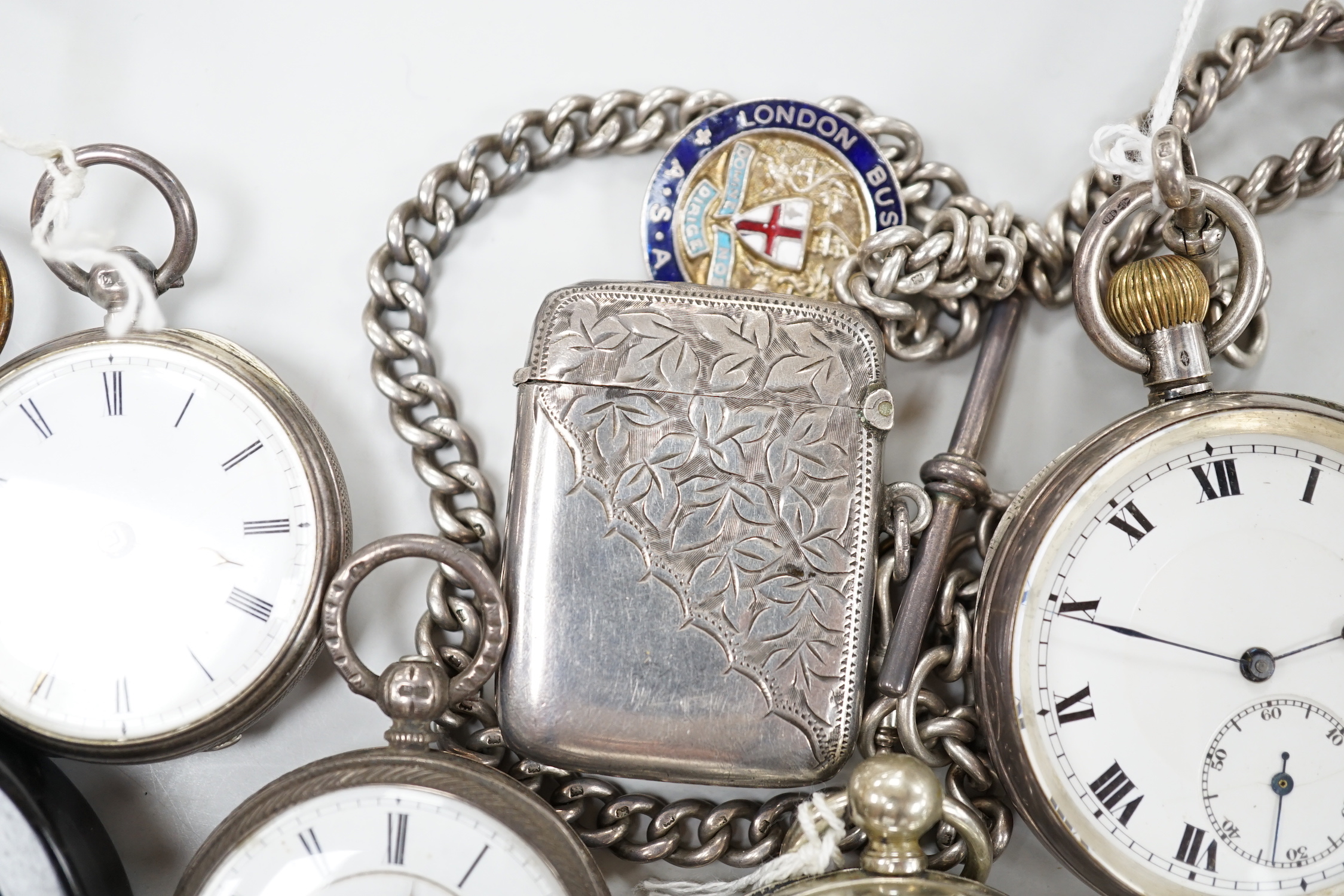 Twenty one assorted silver or base metal pocket watches including Waltham and Child of Birmingham, three wrist watches and a silver vesta case.